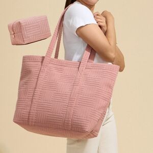 #762 Quilted Tote Bag (Woven Texture) w/Luxe Terry Fabric Travel Pouch -Medium